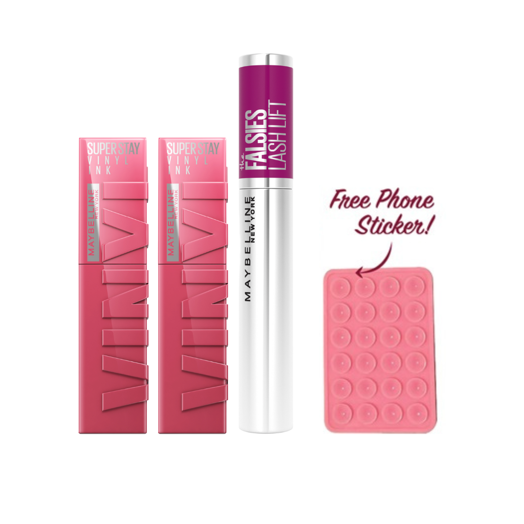 2x Super Stay Vinyl Ink Lipstick +The Falsies Lash Lift Washable Mascara + FREE Silicon Mobile Sticker At 20% OFF