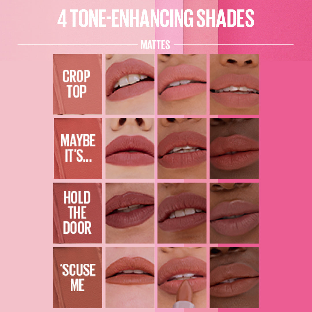 Lip color swatches with text labels on a pink background