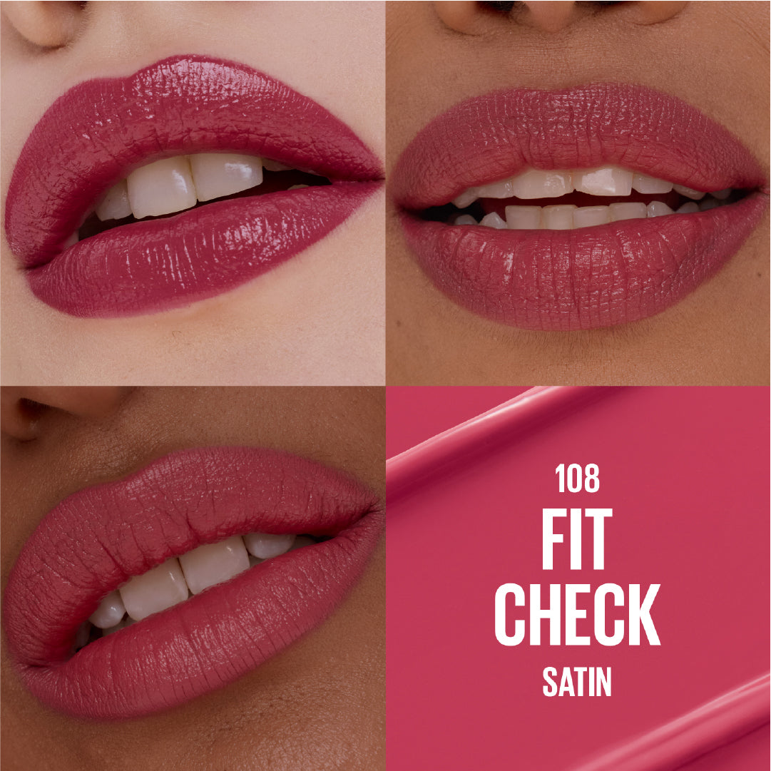 Collage of a lipstick shade with close-up views on different skin tones and a color swatch labeled '108 Fit Check Satin'.
