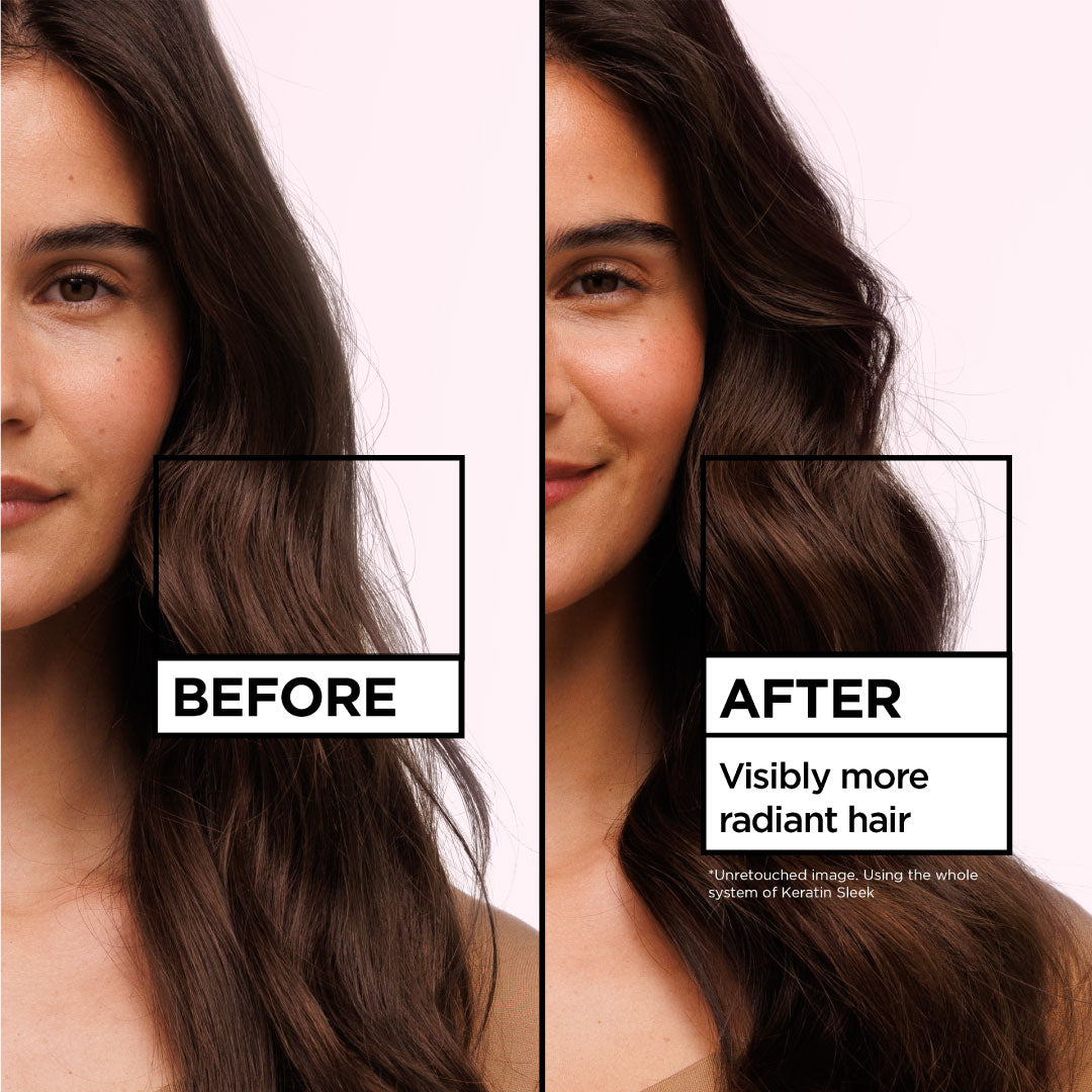 Before and after comparison of hair with text indicating visibly more radiant hair.
