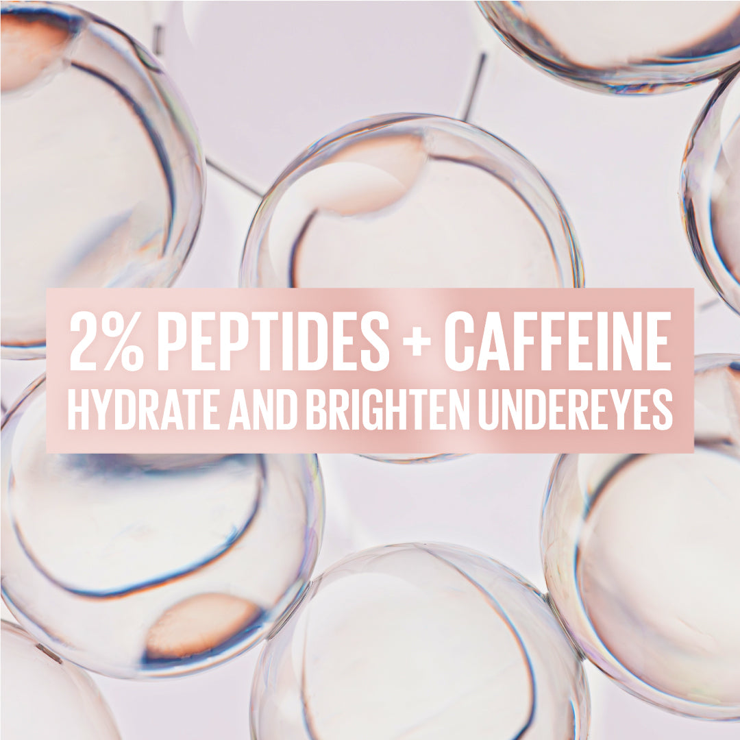 Cosmetic containers with a text overlay about peptides and caffeine for under-eye treatment.