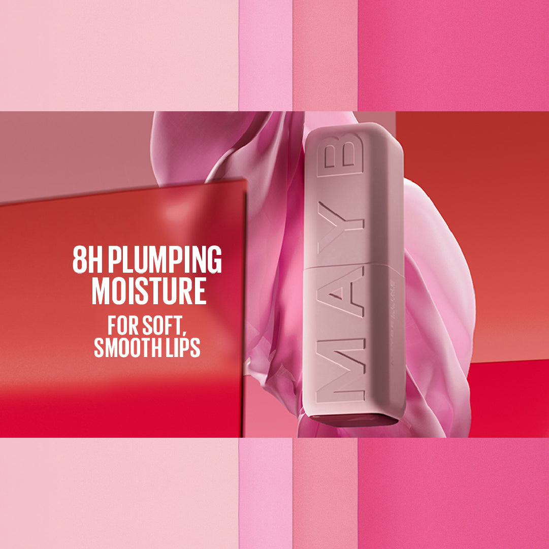 Maybelline lip balm with pink and red geometric background