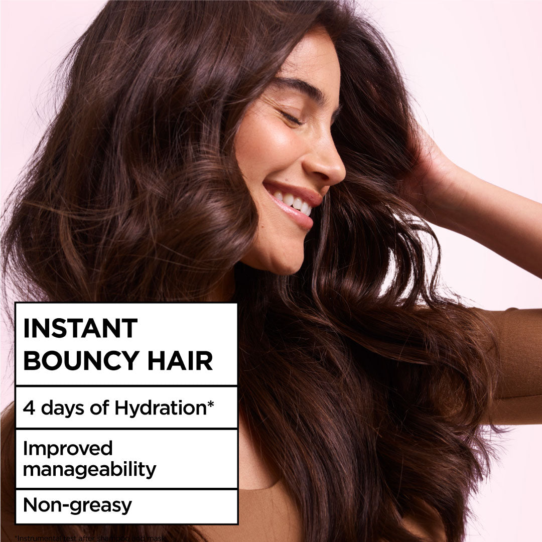 Woman with voluminous hair and text about instant bouncy hair, hydration, manageability, and non-greasy properties.
