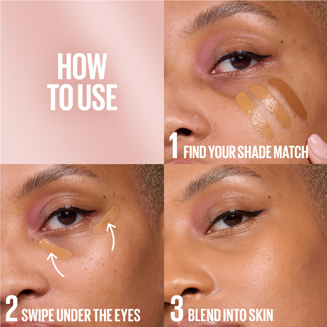Step-by-step guide on how to use concealer with close-up of eye area.