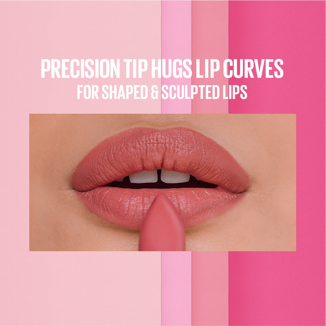 Lipstick application on lips with text about precision tip hugging lip curves.