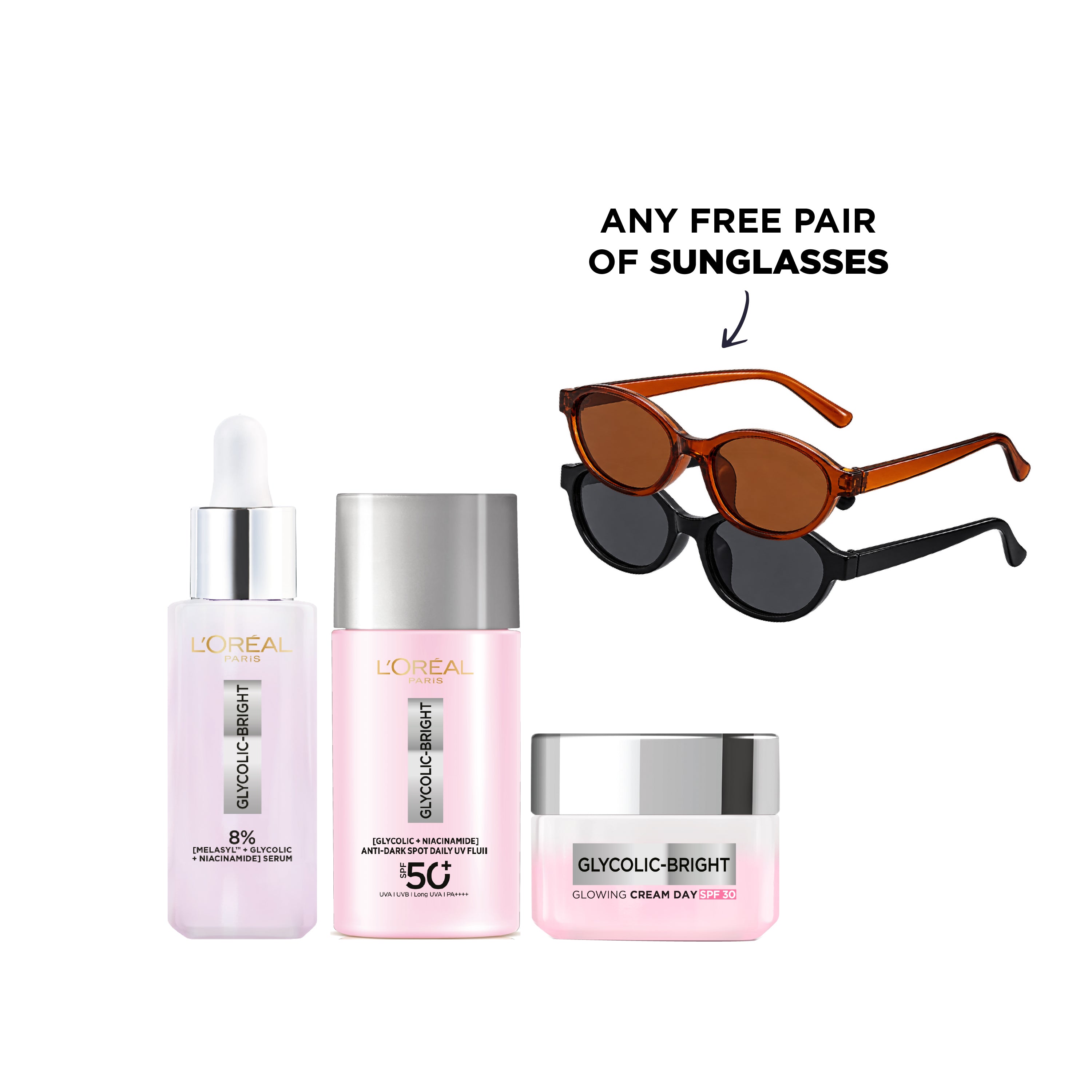 Glycolic Bright Face Serum + Anti-Dark Spot Daily UV Fluid + Day Cream + FREE Pair Of Sunglasses At 30% OFF
