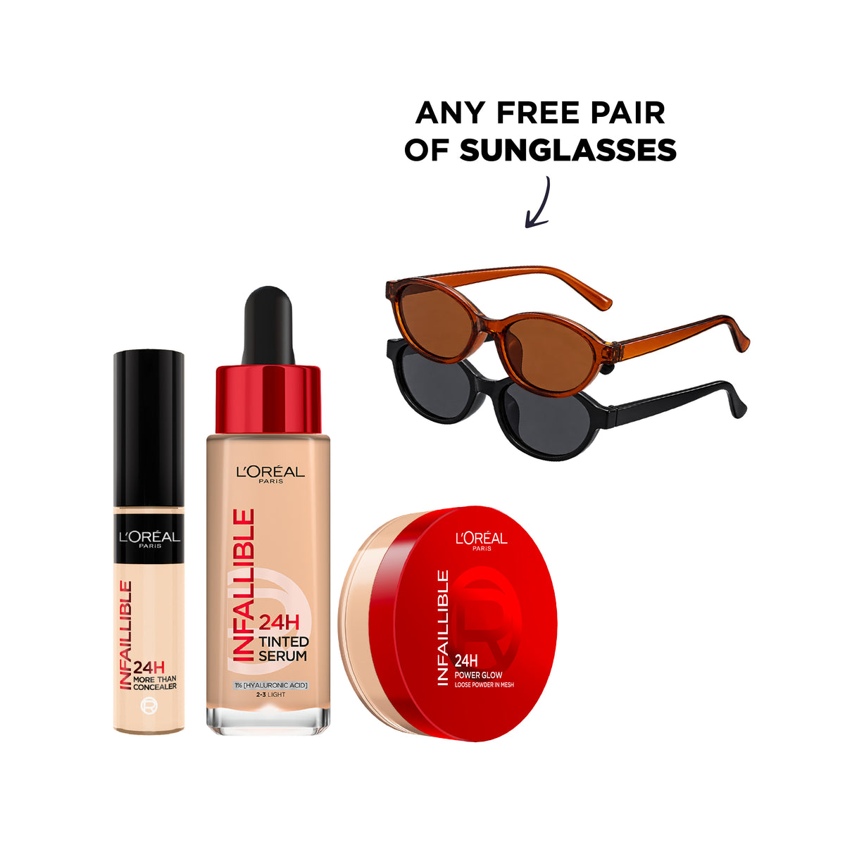 Infaillible Waterproof Concealer + Tinted Serum + Glow Loose Powder + FREE Pair Of Sunglasses At 25% OFF