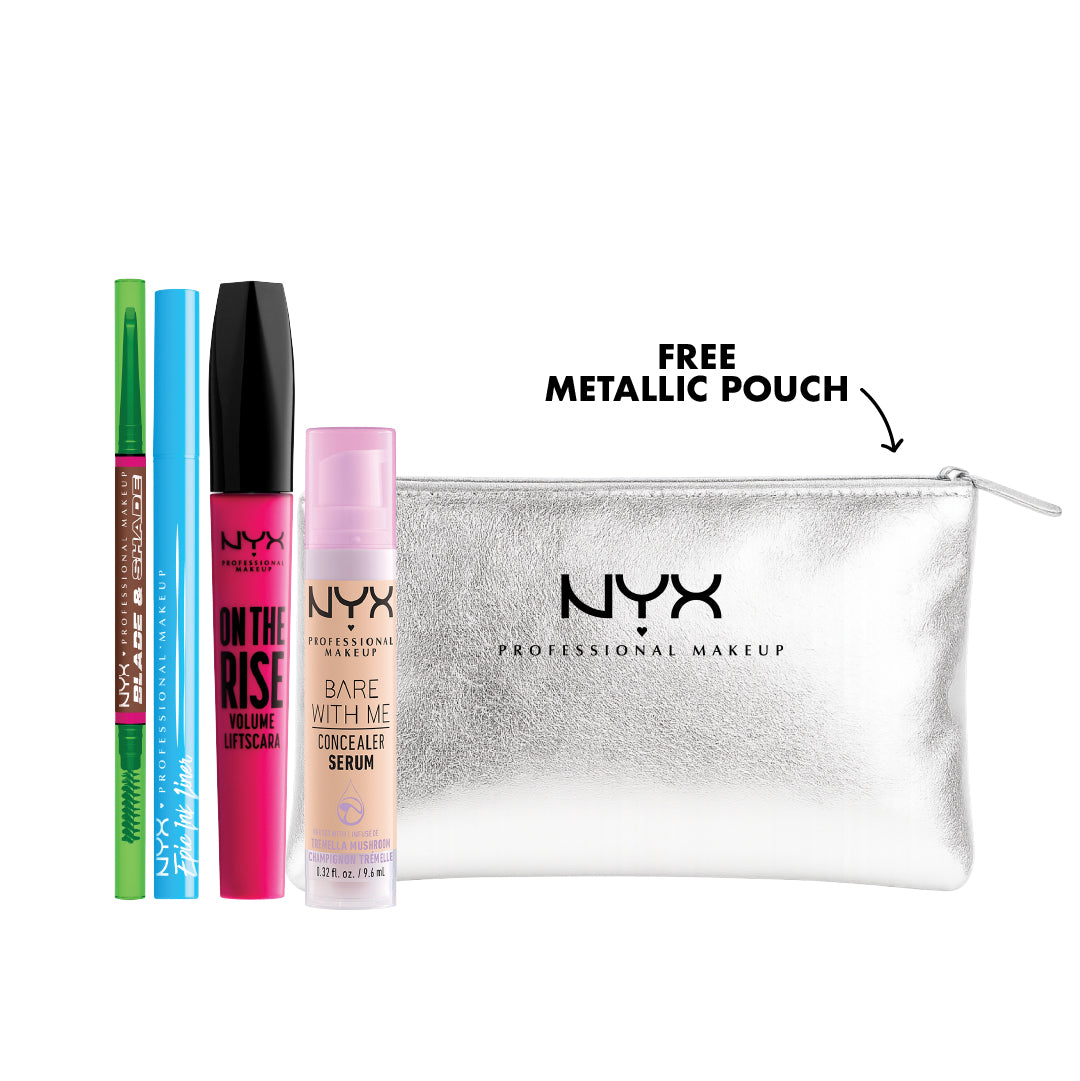 NYX Makeup Bundle – Brow Pencil + Eyeliner + Mascara + Concealer + Free Pouch