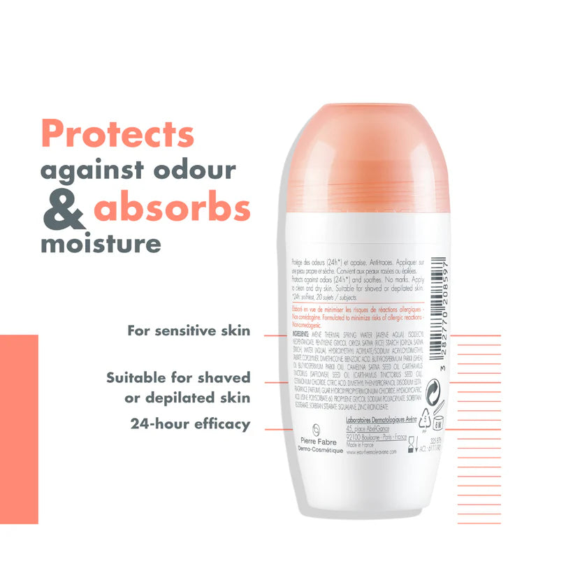 Deodorant roll-on bottle with text highlighting its features on a white background