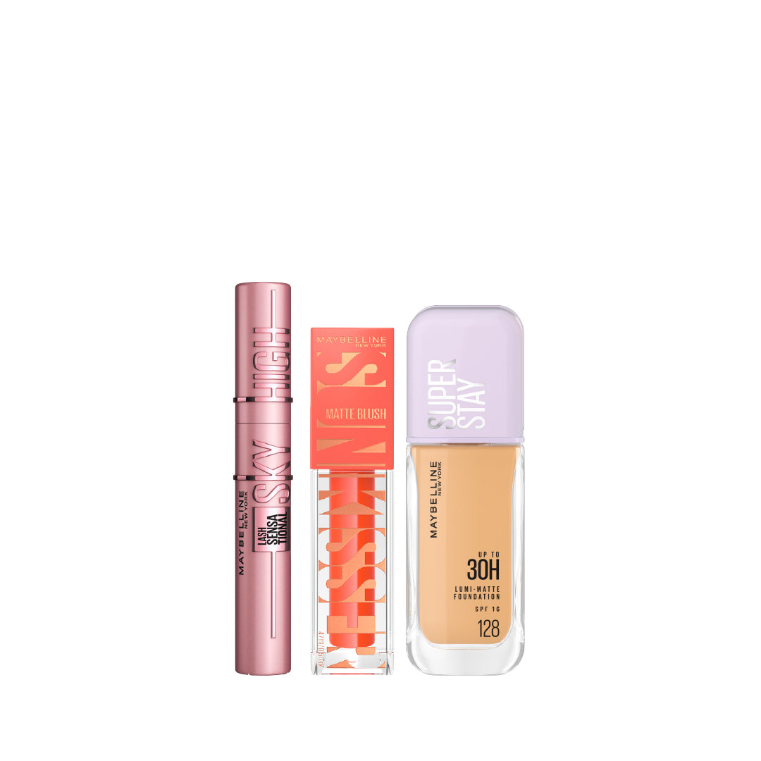 Super Stay Lumi-Matte + Sky High Mascara + Sunkisser Liquid Blush + FREE Mini Sky high At 35% OFF