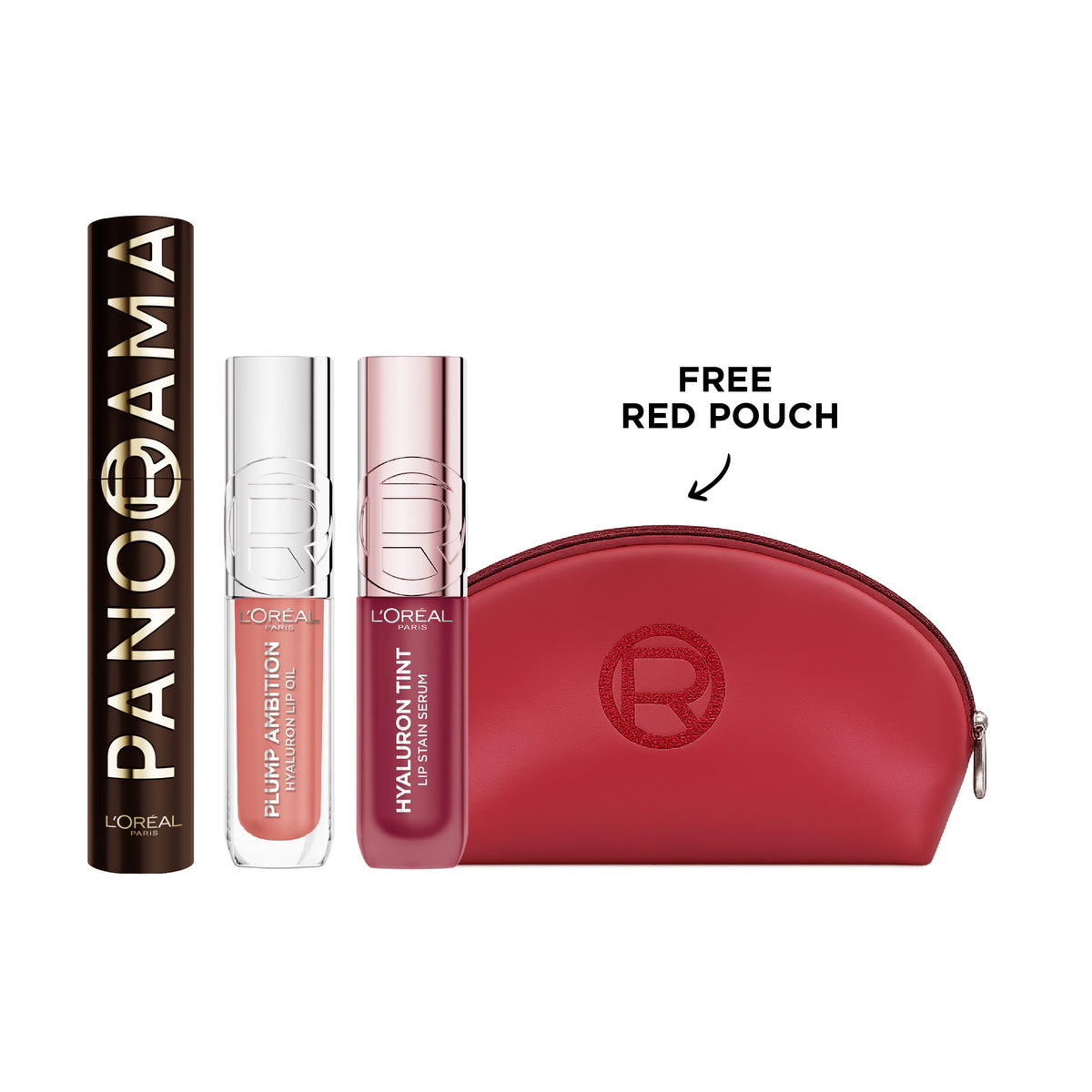 Panorama Mascara Brown + Plump Ambition Hyaluron Lip Oil + Hyaluron Tint Lip Stain Serum + FREE Red Pouch At 20% OFF