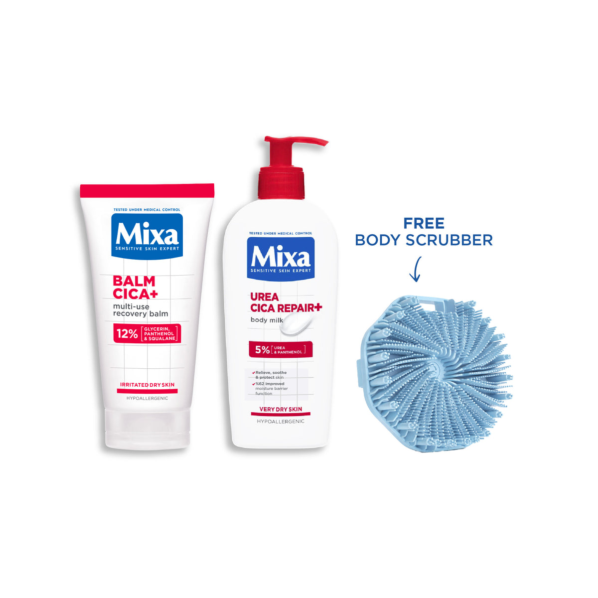 Urea Cica Repair+ Body Lotion + Balm Cica+ Multi-use Repair Cream + FREE Body Scrubber