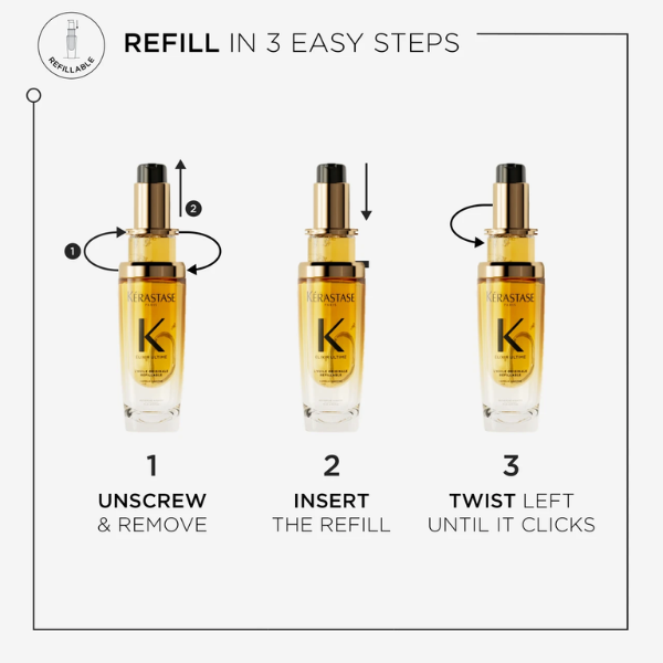 Kérastase Elixir Ultime L’Huile Originale lightweight leave-in hair oil refill 75ml for shine and frizz control.