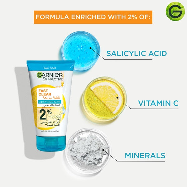Garnier - Fast Clear [2%] Salicylic Acid & Vitamin C - 3-in-1 Anti-Acne Exfoliating Wash (150ml)