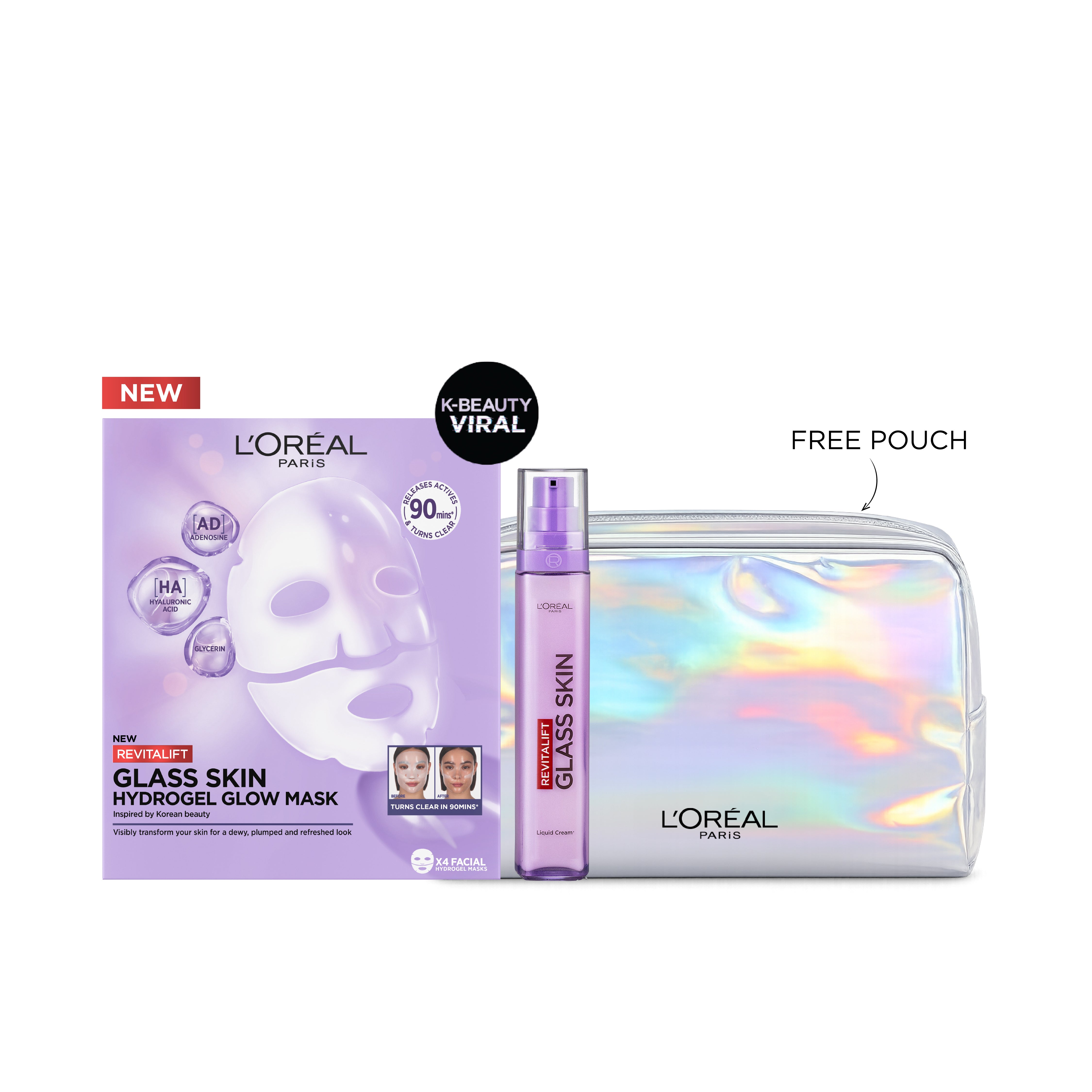 L’Oréal Revitalift Glass Skin bundle mask and liquid cream with purple pouch for glowing hydrated skin