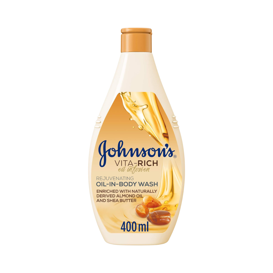 Johnson’s Vita-Rich Oil-In Body Wash 400ml with almond oil and shea butter for 24-hour hydration and soft smooth skin
