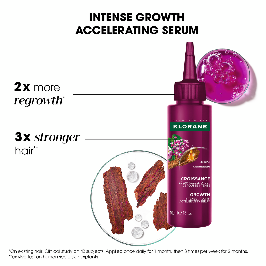 Klorane Intense Growth Accelerating Serum bottle in a deep magenta-purple color