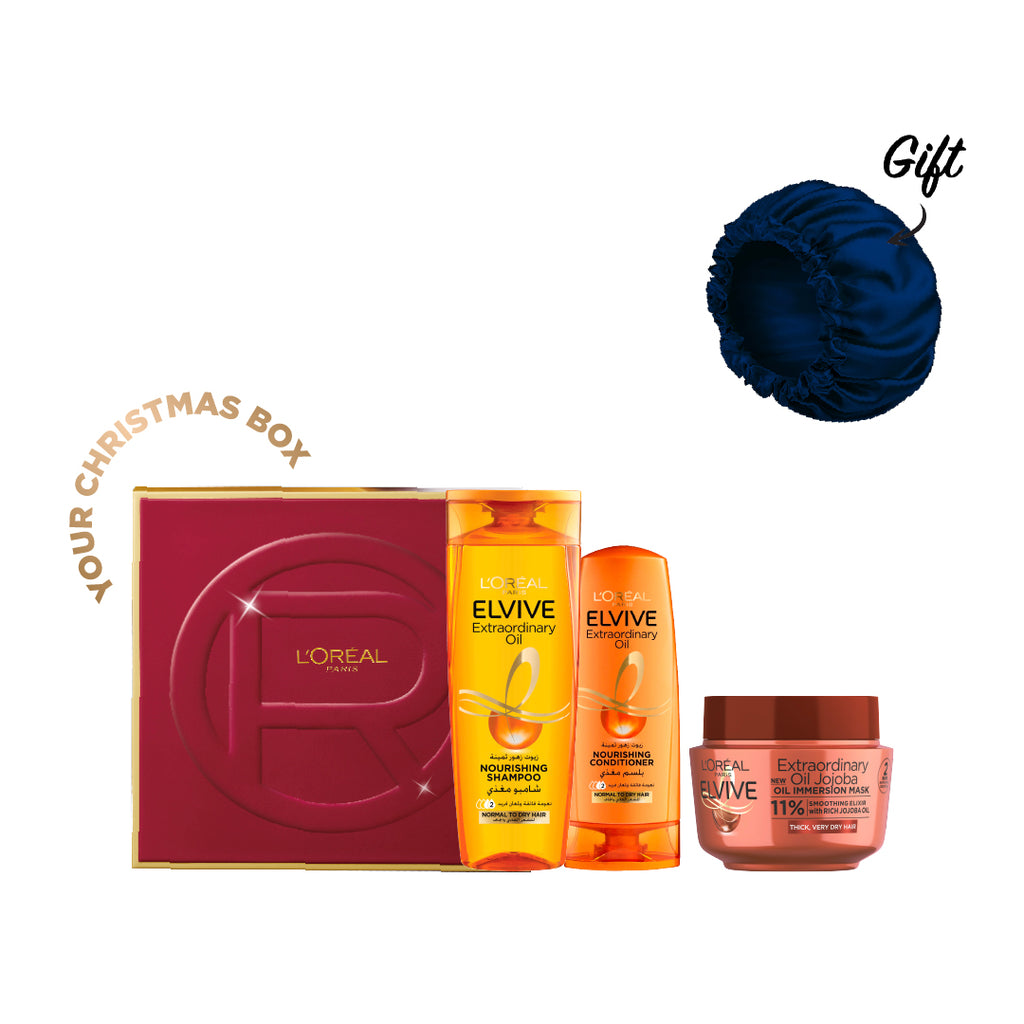 Elvive Extraordinary Oil Shampoo 400ML + Conditioner 200ML + Mask 300ML + FREE Silk Bonnet + FREE Christmas Box At 10% OFF