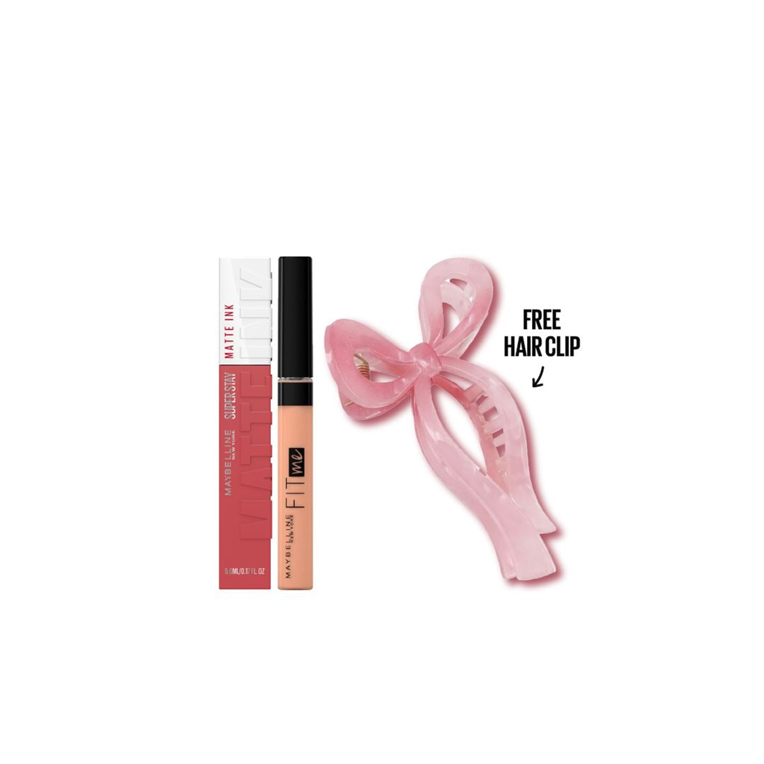 Maybelline Matte Ink lipstick and Fit Me concealer duo with free hair clip long lasting makeup set