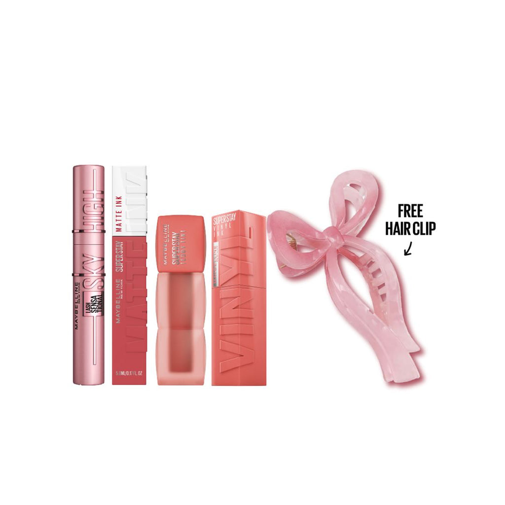 Maybelline makeup bundle with mascara, lipsticks, lip tint and free hair clip