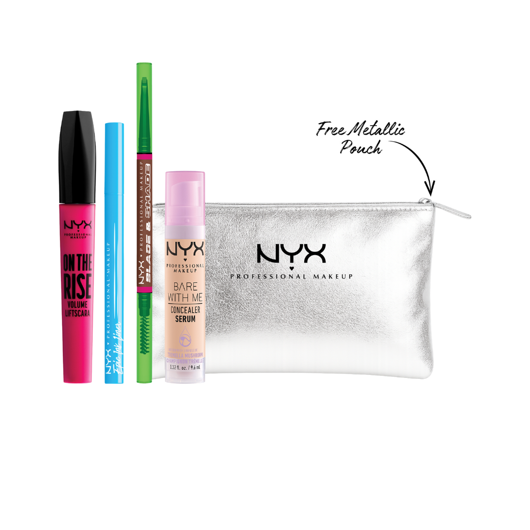 NYX Professional Makeup eye bundle with mascara, eyeliner, brow pencil, concealer serum and free silver pouch