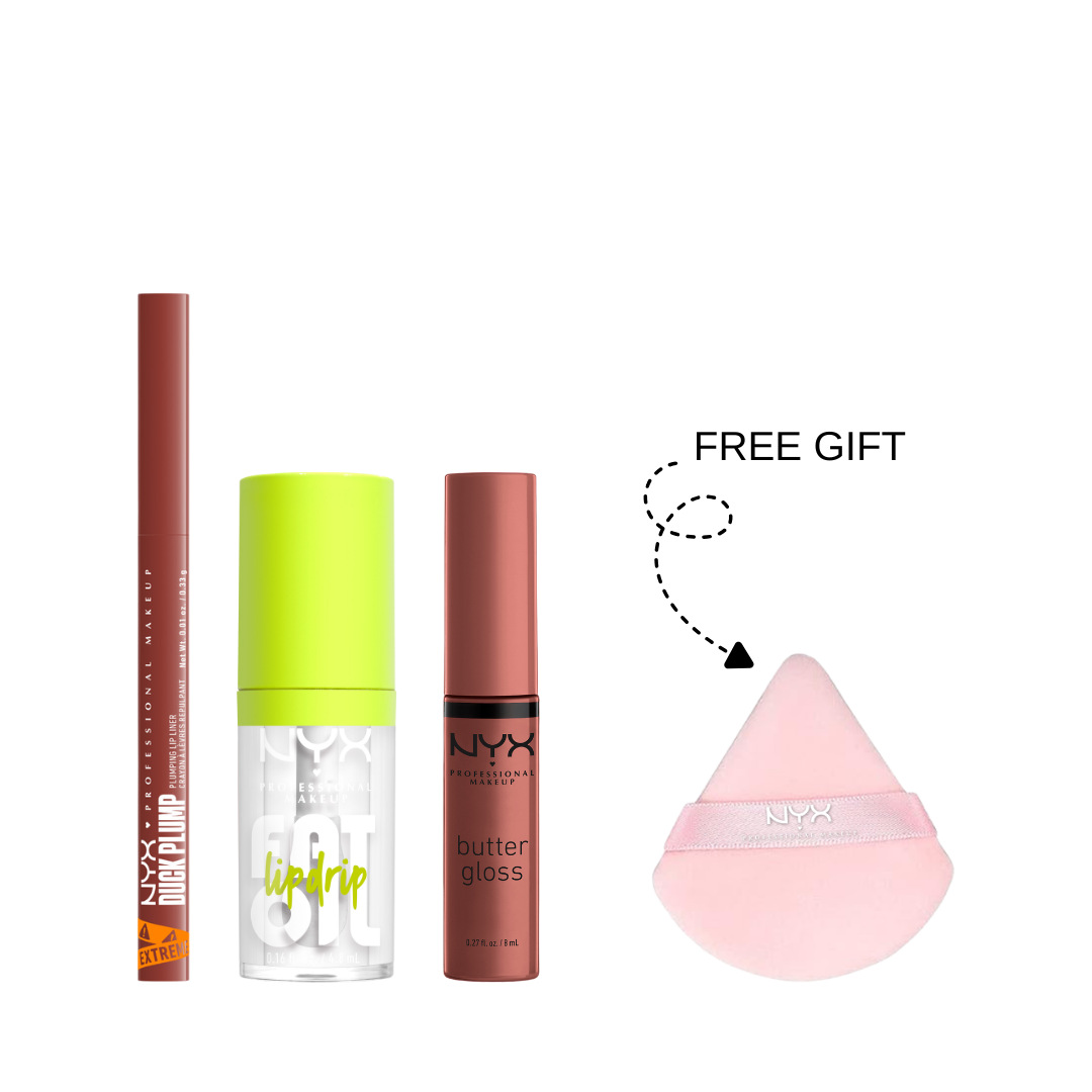 NYX lip bundle with plumping lip liner, lip oil drip, butter gloss and free powder puff