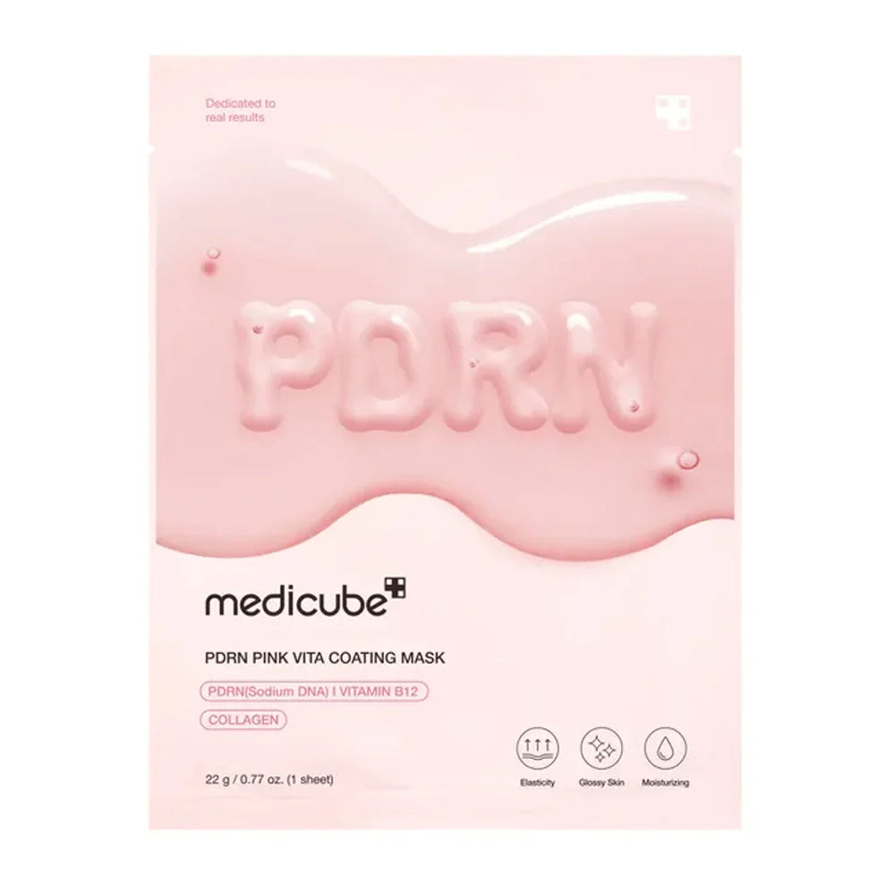 Pink coating mask packaging with 'medicube' branding on a white background