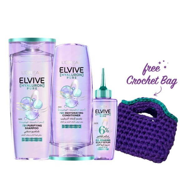 L'Oréal Paris Elvive Hyaluron Pure Shampoo 400 ML + Conditioner 200 ML + Serum + FREE Crochet Bag | Loolia Closet