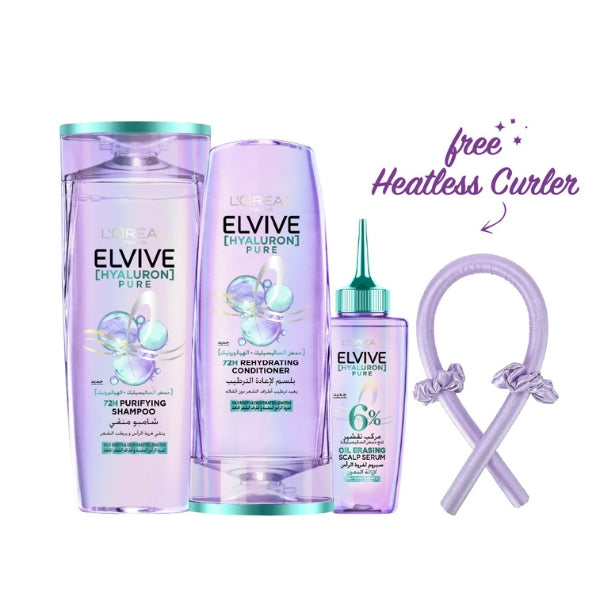 Elvive Hyaluron Pure Shampoo 400 ML + Conditioner 200 ML + Serum + FREE Heatless Curler