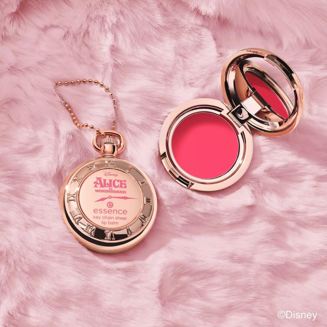 Essence Disney keychain lip balm sheer red tint hydrating dewy finish