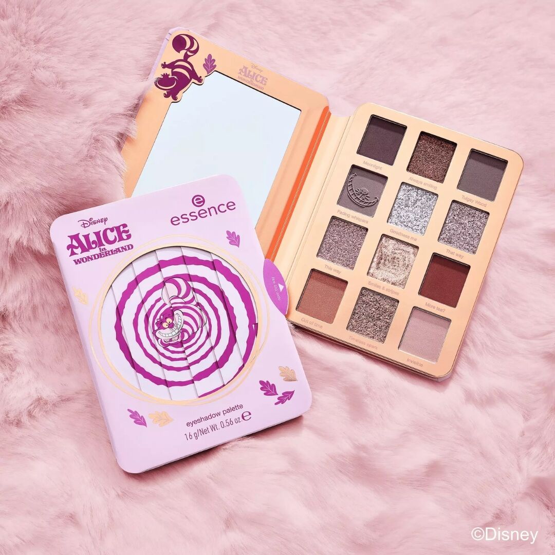 Makeup palette and packaging with 'Alice' design on a pink background