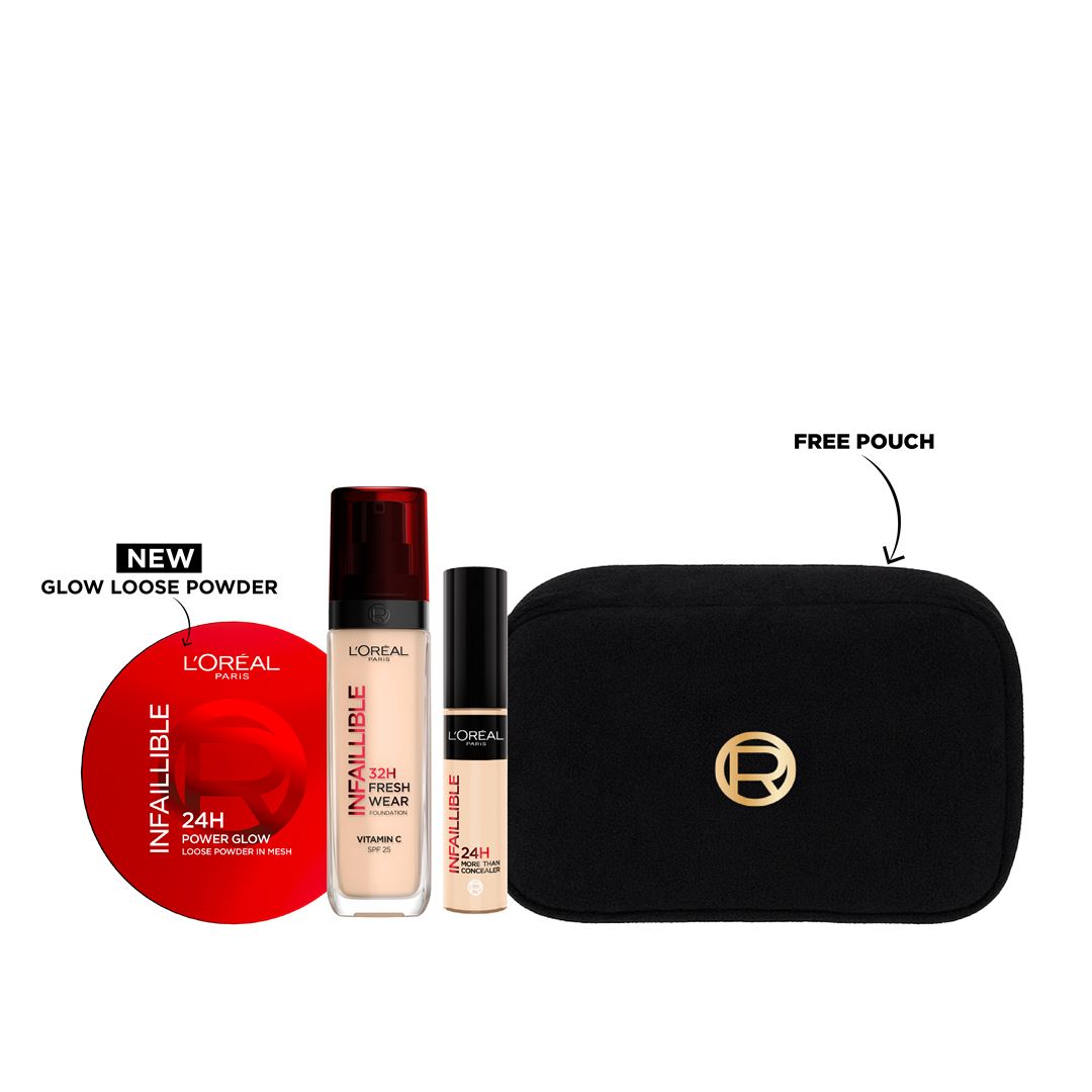 L’Oréal Infaillible Glow Loose Powder + Foundation + Concealer + FREE Pouch At 10% OFF