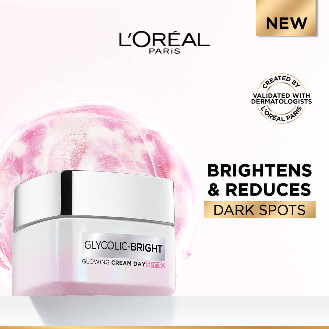 L’Oréal Glycolic Bright day cream SPF30 50ml for dark spots glow with glycolic acid and niacinamide