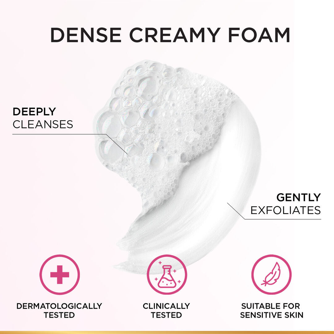 Dense creamy foam with text highlighting its benefits on a white background