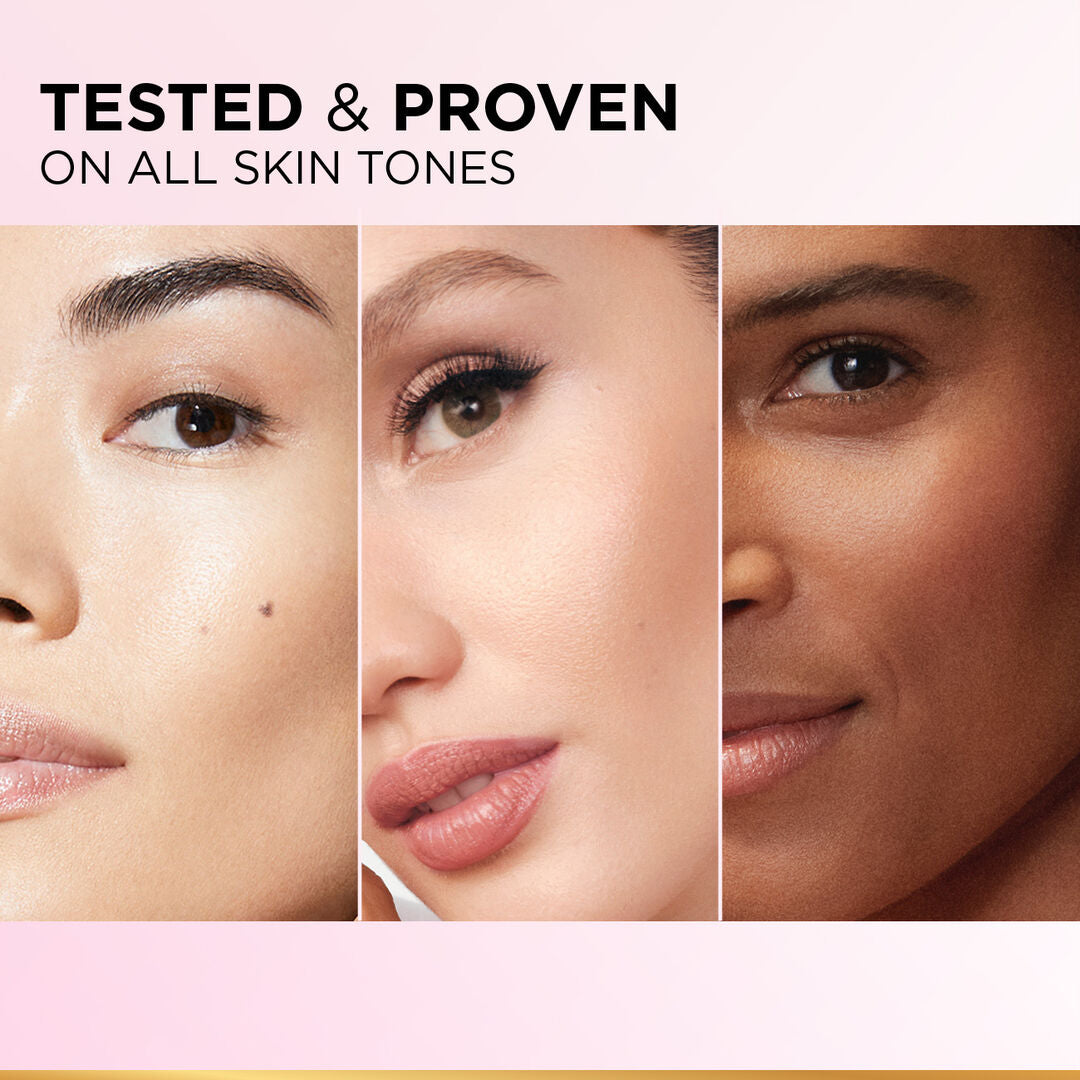 Three faces side by side with text indicating skin testing on various skin tones.