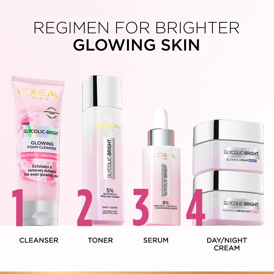 L'Oreal Glycolic Bright skincare product lineup with labels on a white background