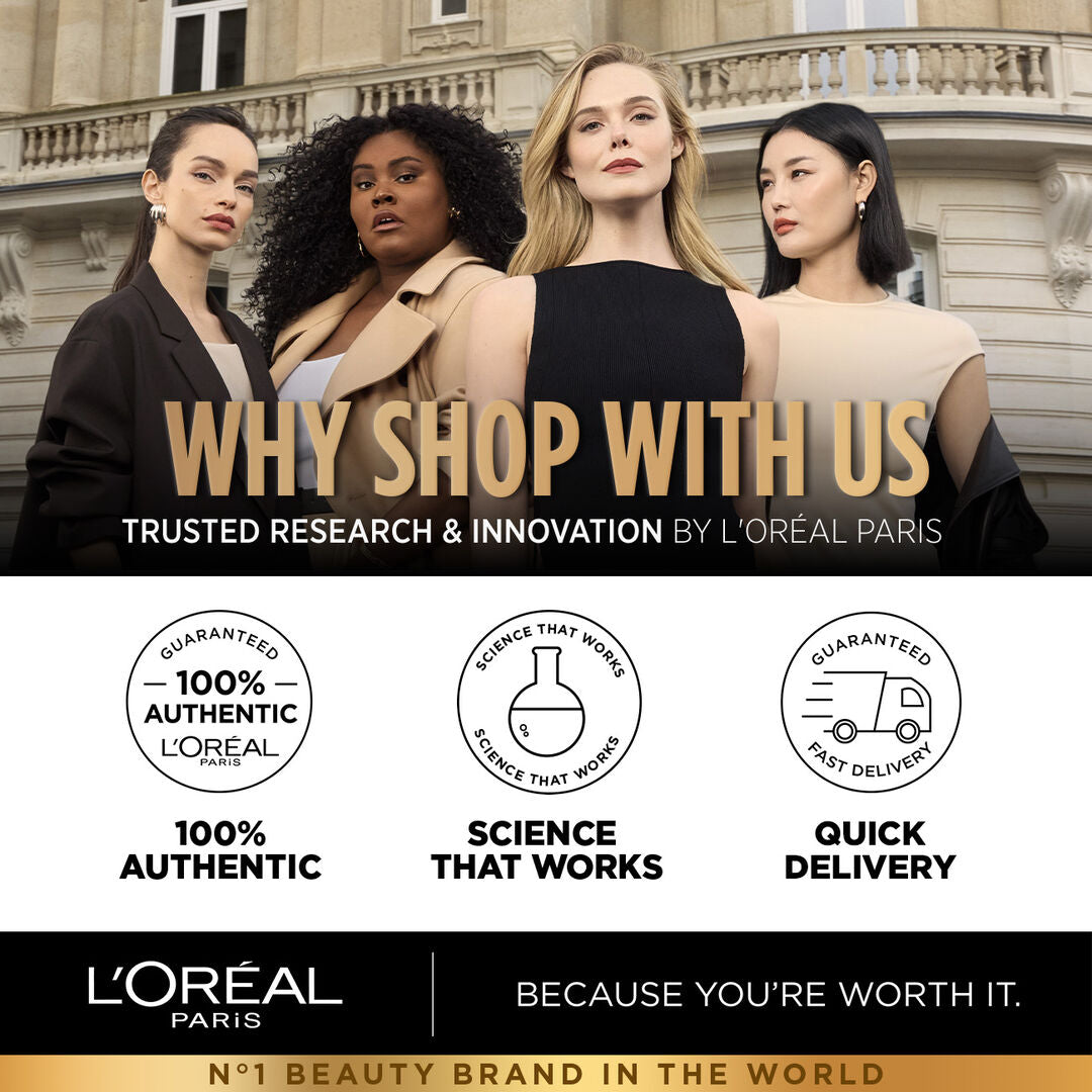 Advertisement for L'Oreal Paris featuring four women in front of a building, with brand promises displayed below.