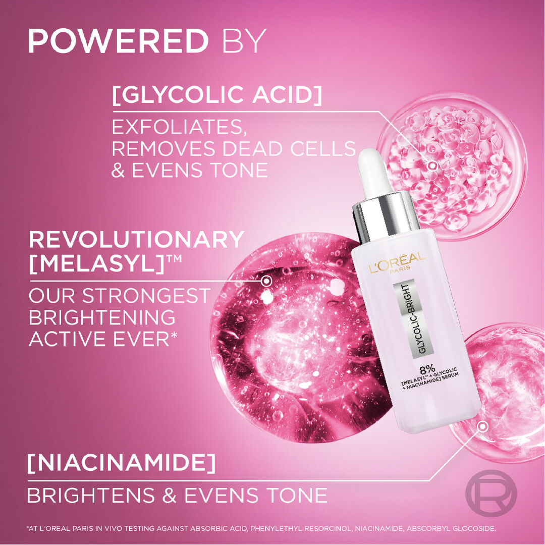 L'Oreal serum bottle with text about glycolic acid and melasyl on a pink background