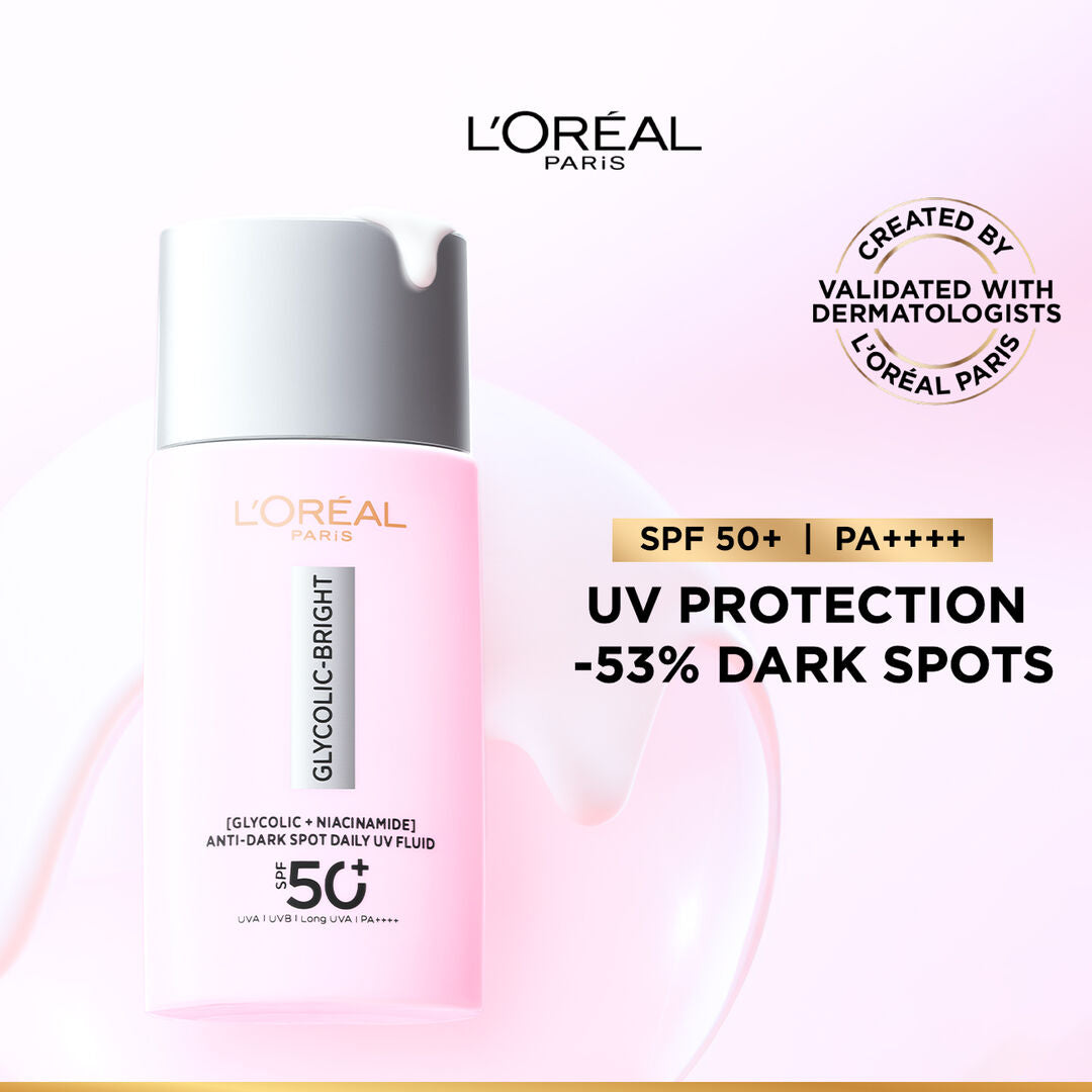 L'Oreal Paris skincare product with UV protection and dermatologist validation on a white background