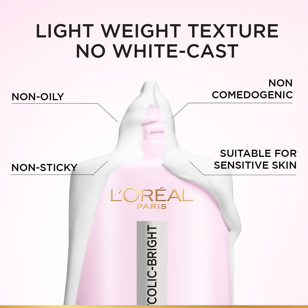 L'Oreal Paris Colic Bright bottle with product features listed on a white background