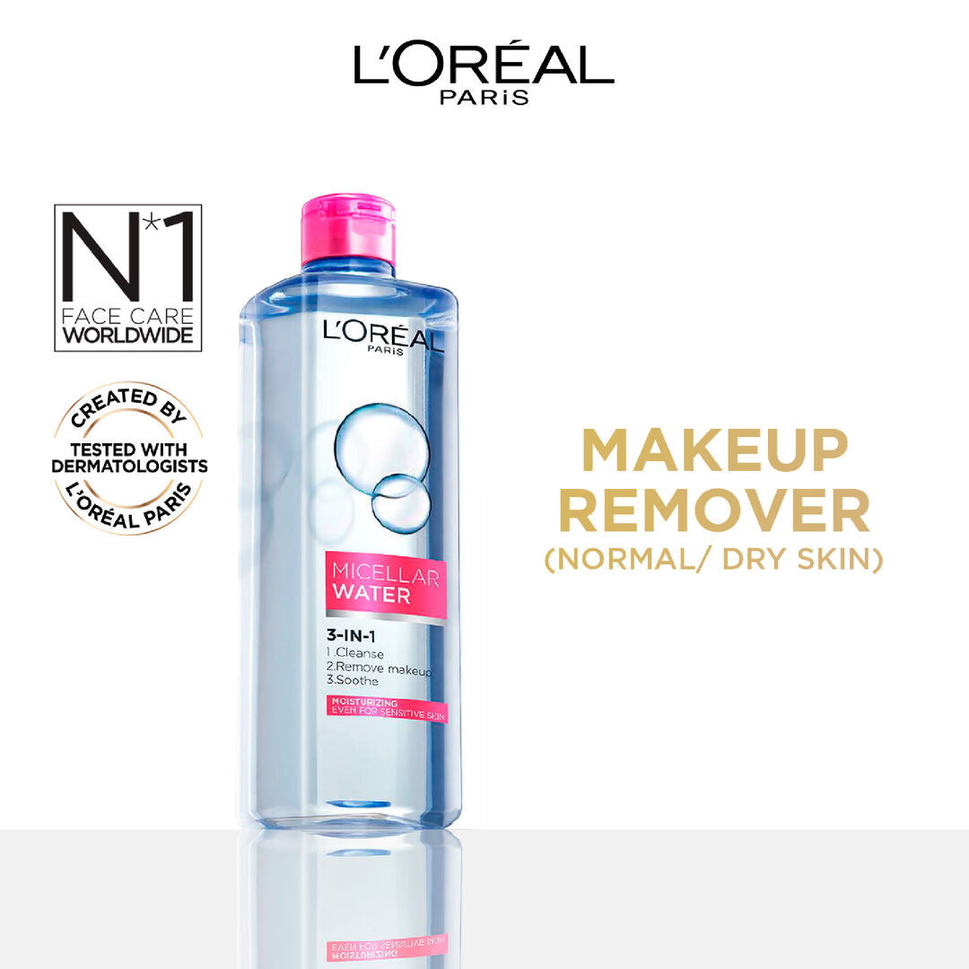 L’Oréal micellar water 3 in 1 400ml makeup remover for sensitive and dry skin with rose extract