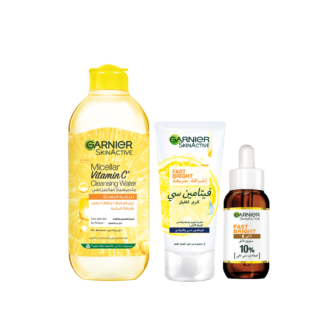 Vitamin C Micellar Water 400ML + Fast Bright 10% Pure Vitamin C Brightening Overnight Serum 30ML + Skin Active Fast Bright Night Cream 50ML at 20% OFF  