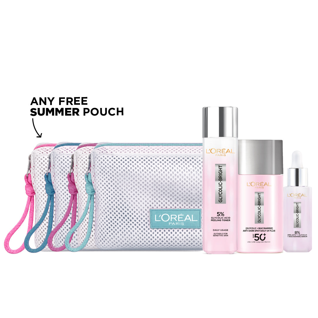 Glycolic-Bright Glowing Peeling Toner + Glycolic Bright Anti-Dark Spot + Glycolic Bright Face Serum + FREE Summer Pouch At 20% OFF
