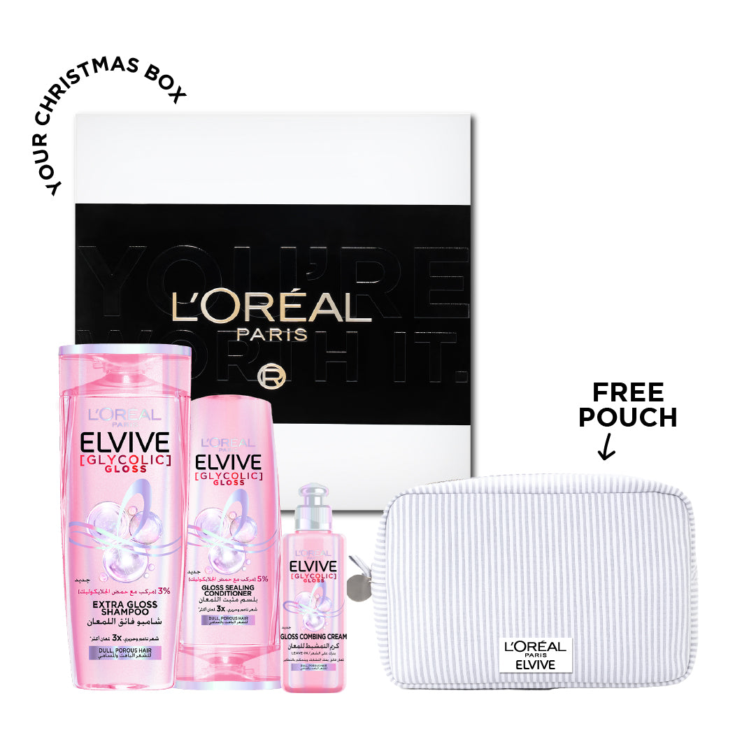 Elvive Glycolic Gloss Shampoo 400 ML + Conditioner 200 ML + Leave-in 200 ML + FREE Gift Box + FREE OAP Pouch