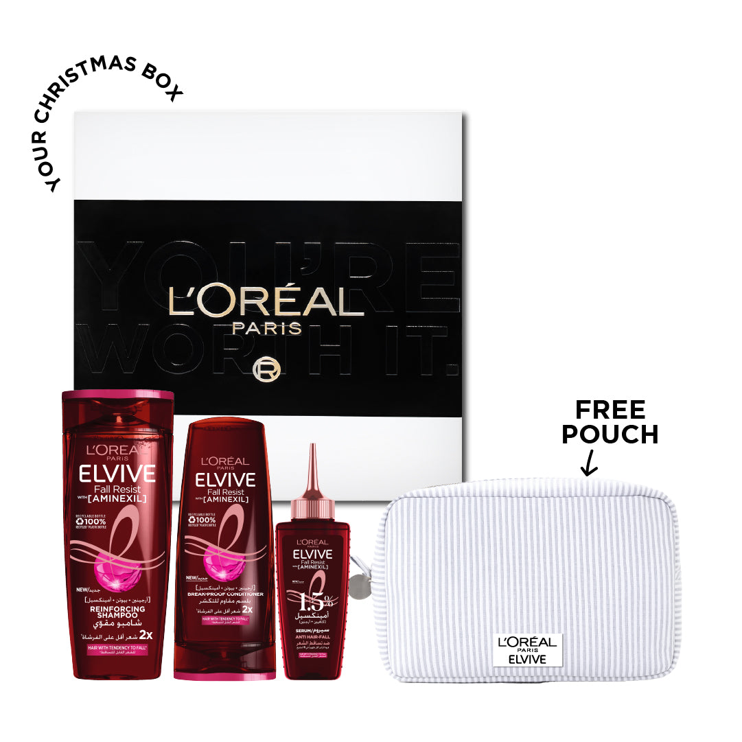 Elvive Fall Resist Anti Hair-Fall Shampoo + Conditioner + Serum + FREE Gift Box + FREE Purple & White Pouch At 20% OFF