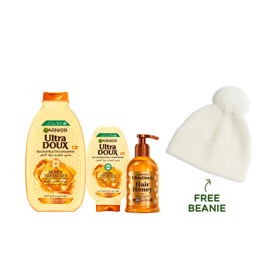 Ultra Doux Honey Treasures Shampoo 400 ML + Conditioner 200 ML + Serum 115 ML + FREE Beanie At 15% OFF